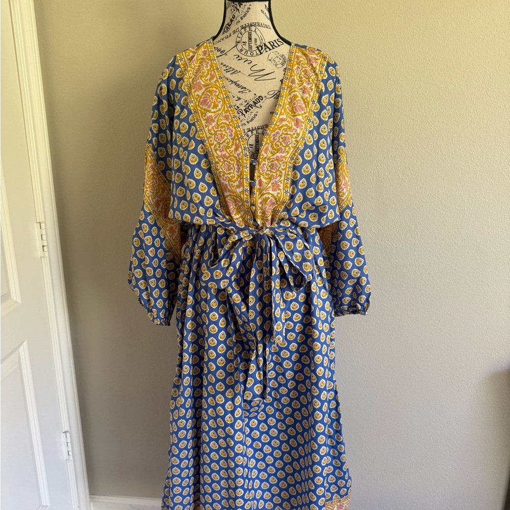 J. Crew Long Sleeve Blue and Yellow Dress